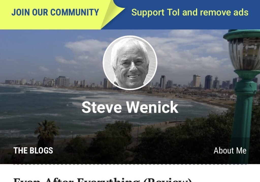 Screenshot of a blog post titled 'Even After Everything (Review)' by Steve Wenick on The Times of Israel.
